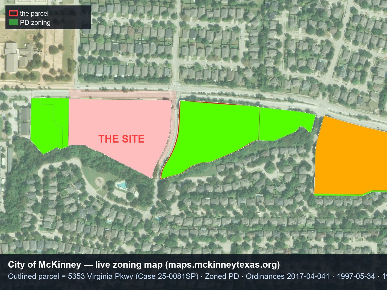 City of McKinney live zoning map: the parcel at 5353 Virginia Parkway zoned PD, governed by Ordinances 2017-04-041, 1997-05-34 and 1997-05-33